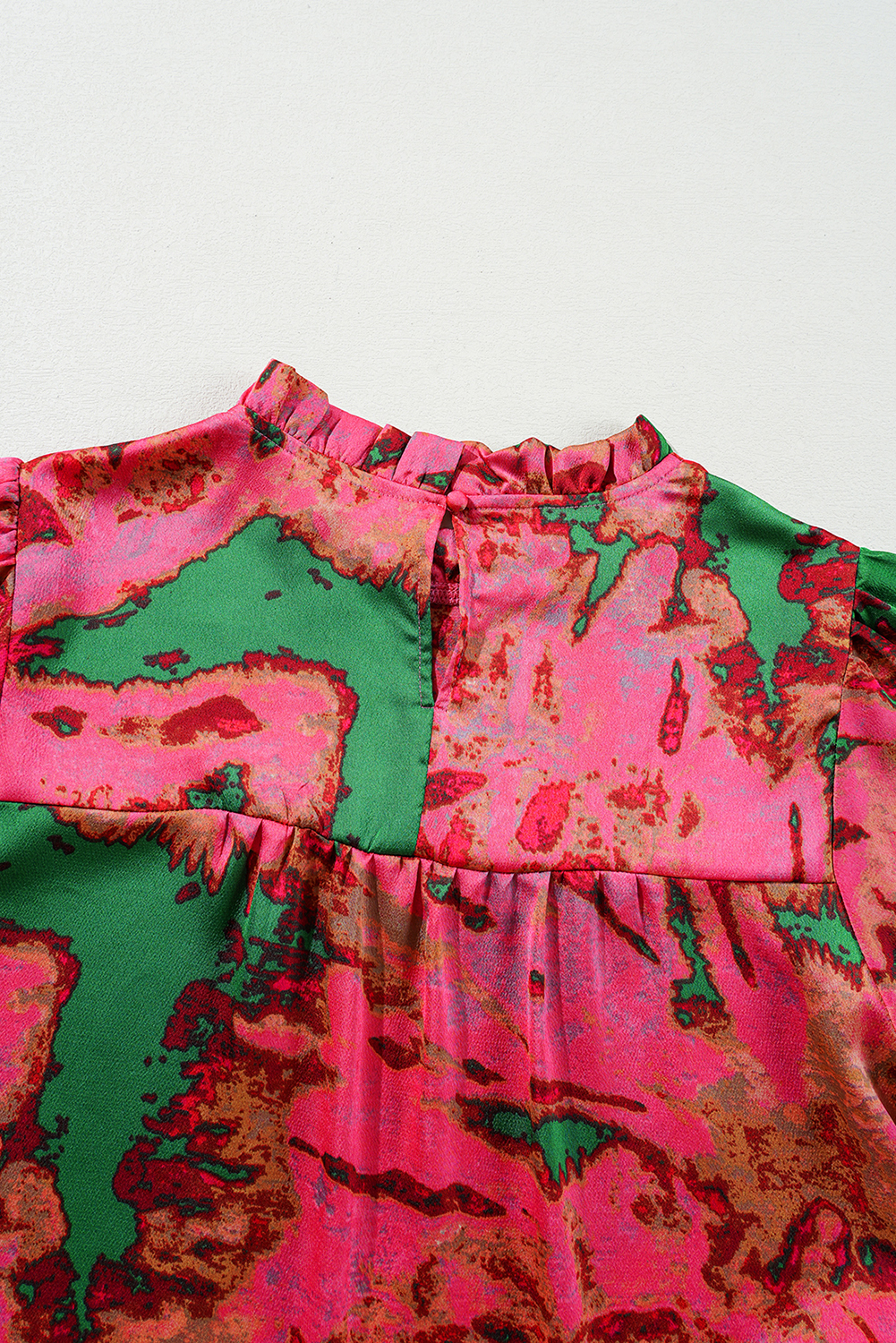 Rose Abstract Print Frilly Neckline Puff Sleeve Blouse - loveforevers