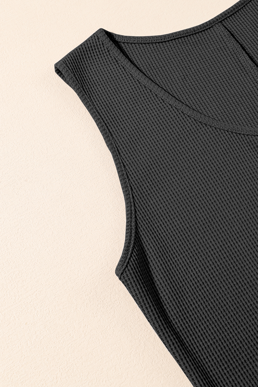 Black Waffle Sleeveless U Neck Buttons Romper With Pockets - loveforevers