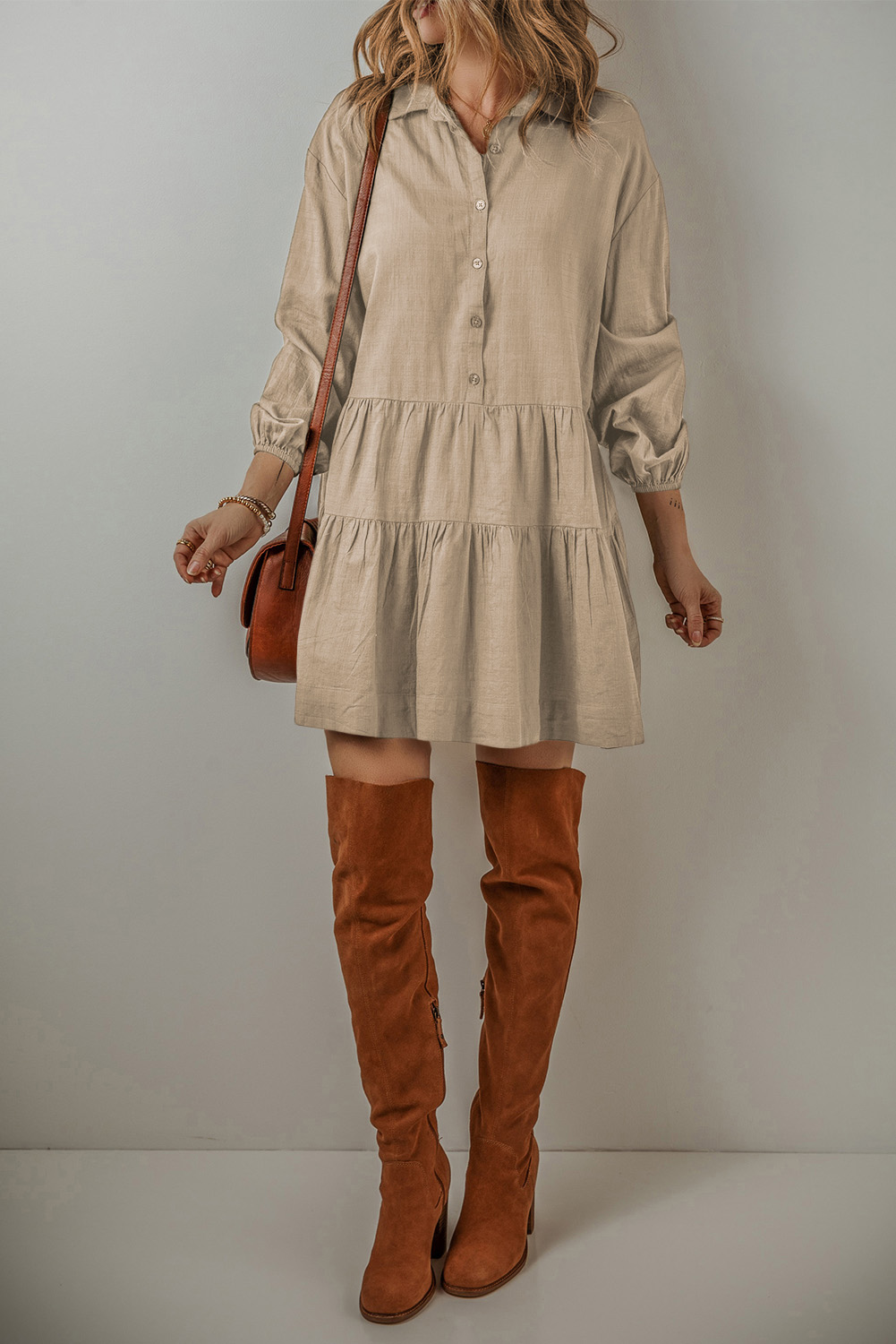 Jungle Green Puff Sleeve Buttoned Tiered Pleated Shirt Mini Dress - loveforevers