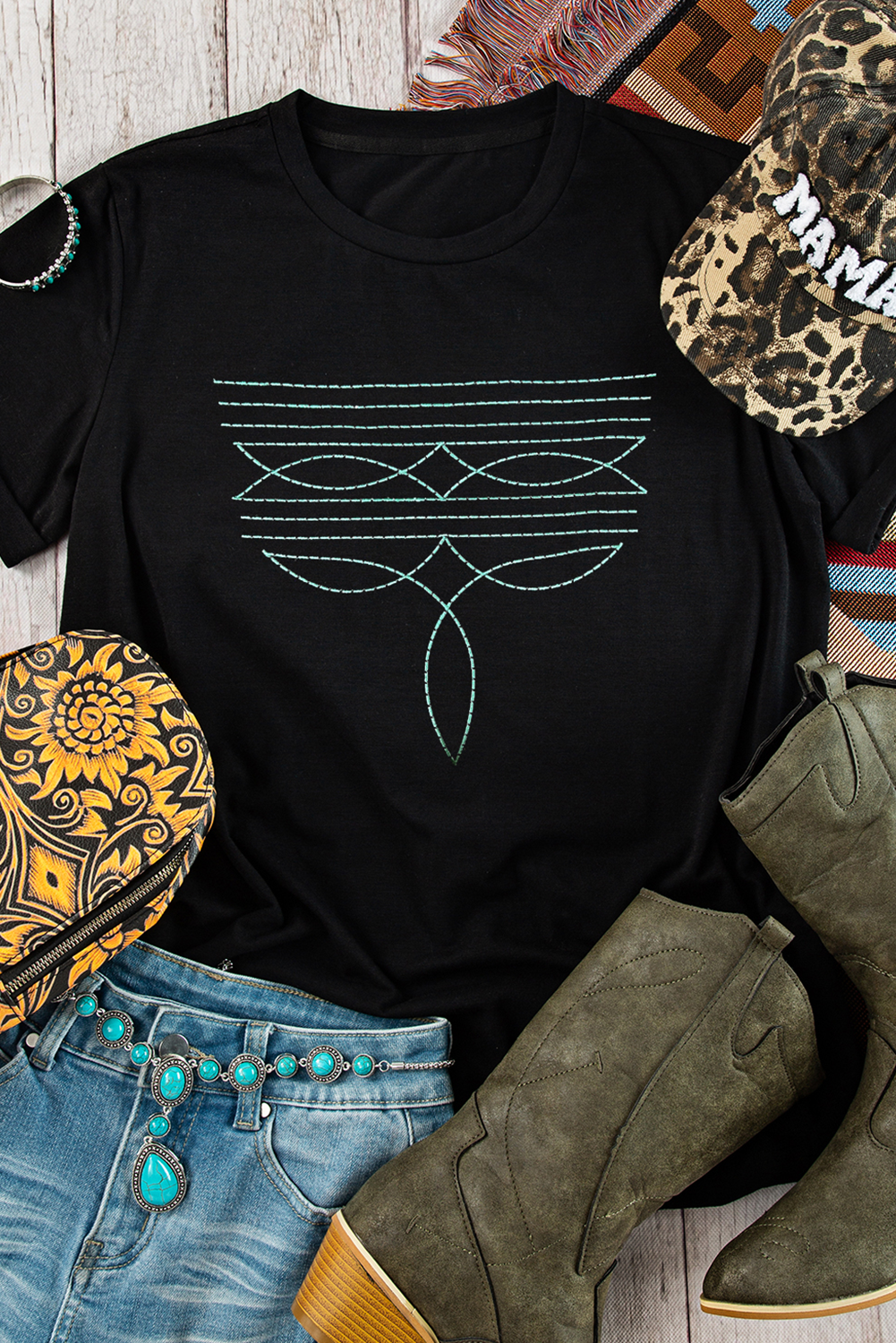 Black Western Fashion Geometric Embroidered T Shirt - loveforevers