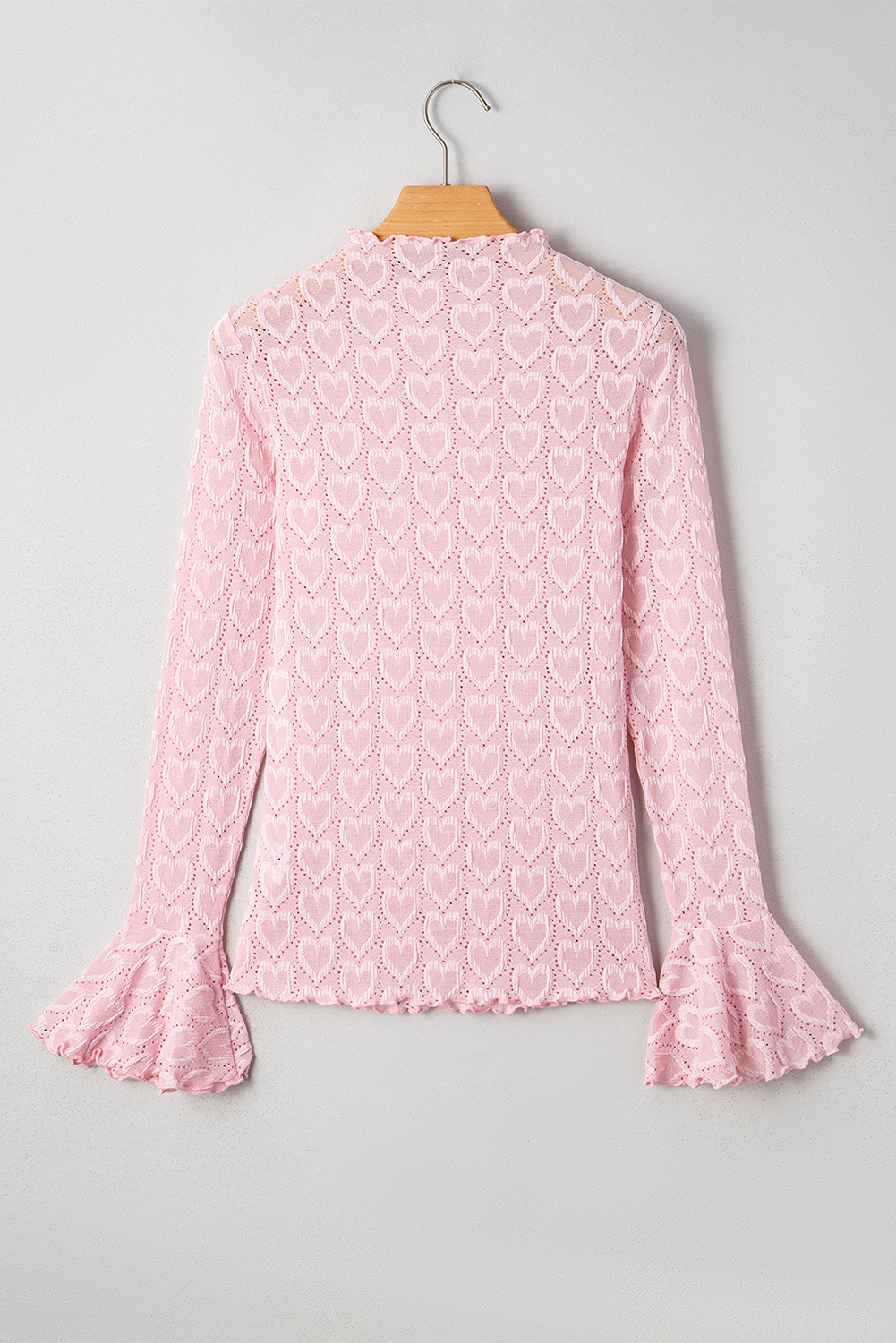 Gossamer Pink Heart Jacquard Flare Sleeve Mock Neck Fitted Top - loveforevers