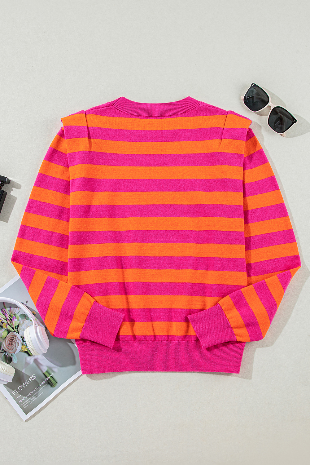 Rose Stripe Shoulder Pad Round Neck Sweater - loveforevers