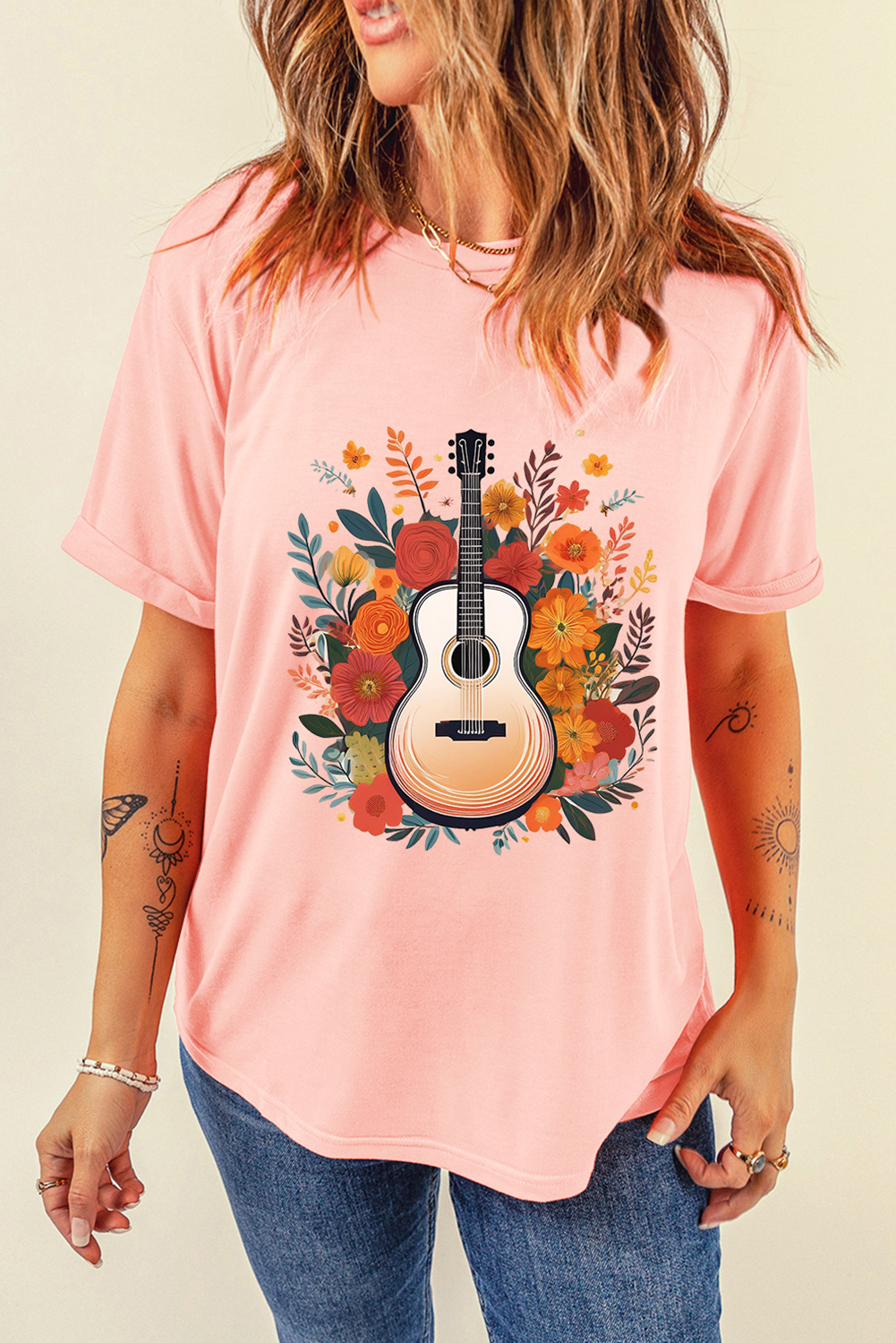Pink Guitar Flower Print Crew Neck Loose T Shirt - loveforevers