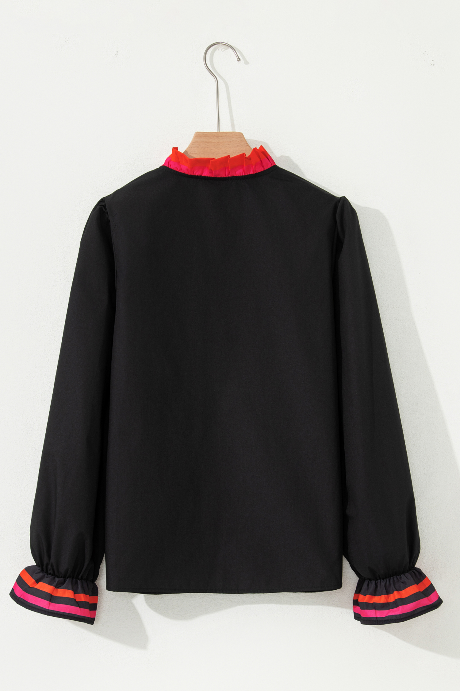 Four Leaf Clover Striped Trim Ruffle Split Neck Long Sleeve Blouse - loveforevers