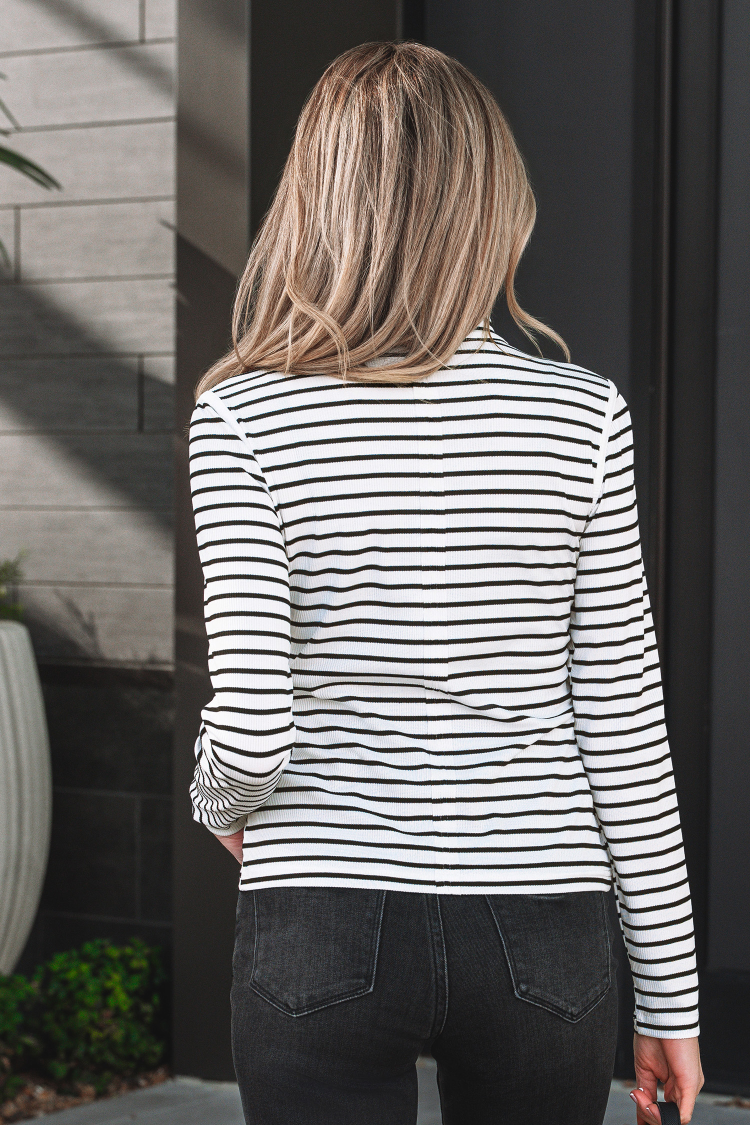 Black Stripe Ribbed Knit Half Button Long Sleeve Slim Top - loveforevers