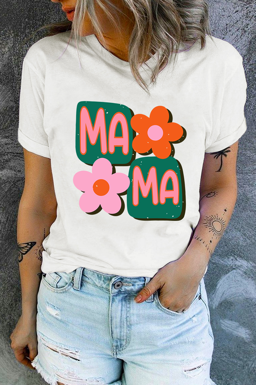 White MAMA Flower Graphic Crewneck Tee - loveforevers