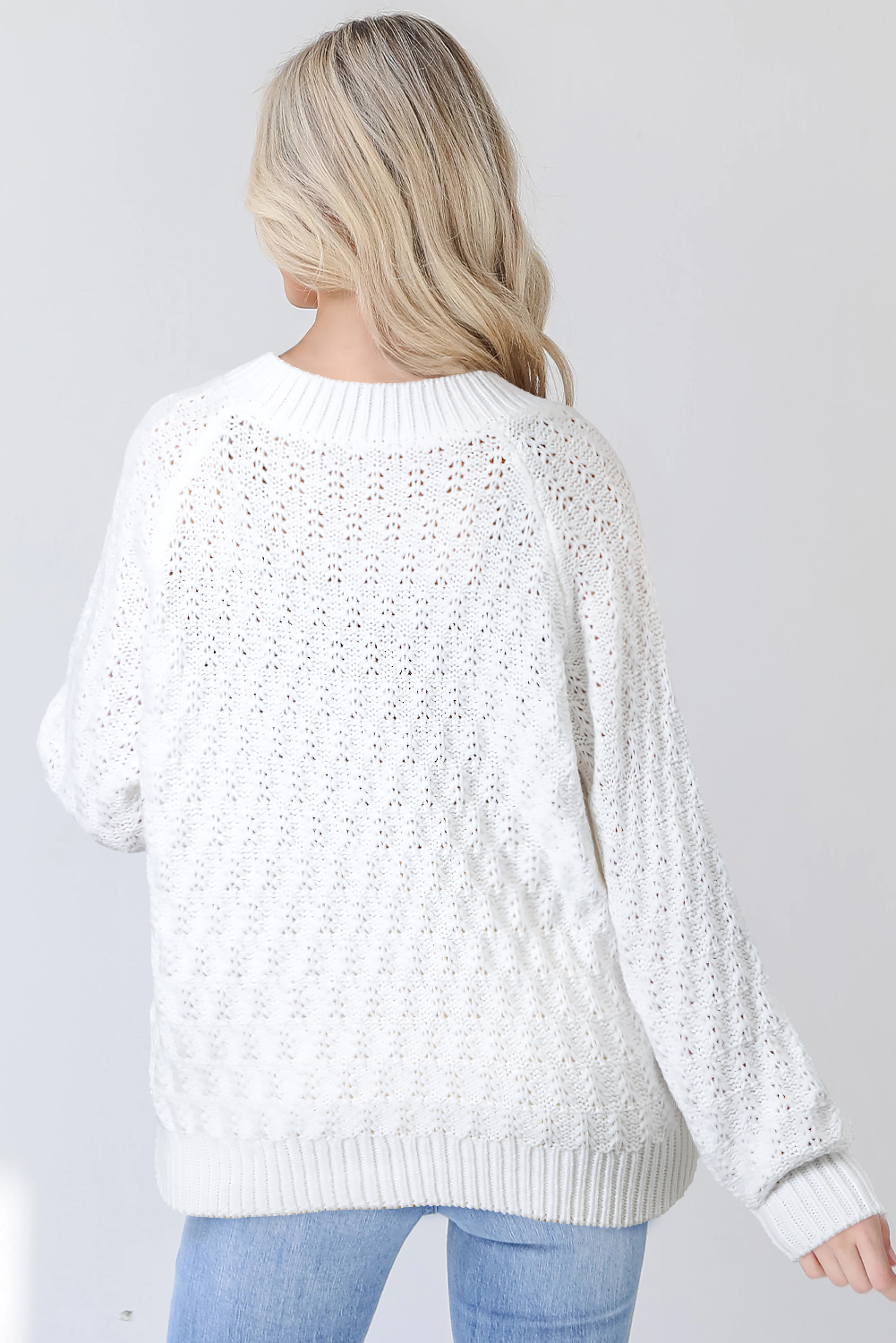 White Textured Knit Ribbed Edge V Neck Loose Sweater - loveforevers