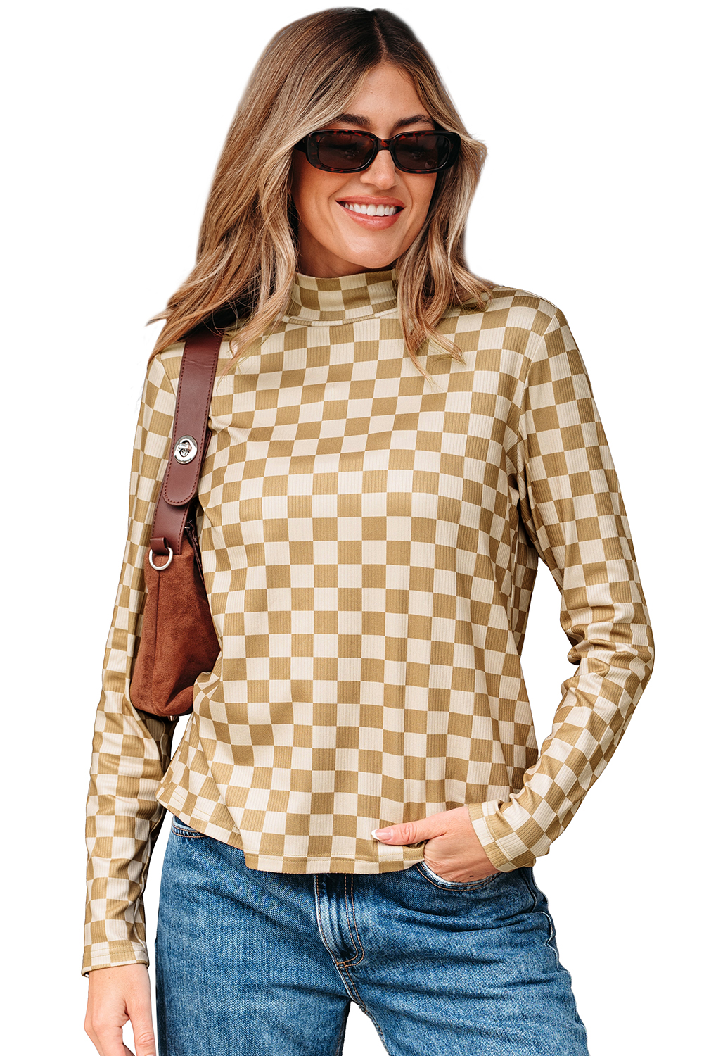 Khaki Check Pattern Turtleneck Ribbed Slim Long Sleeve Tee - loveforevers
