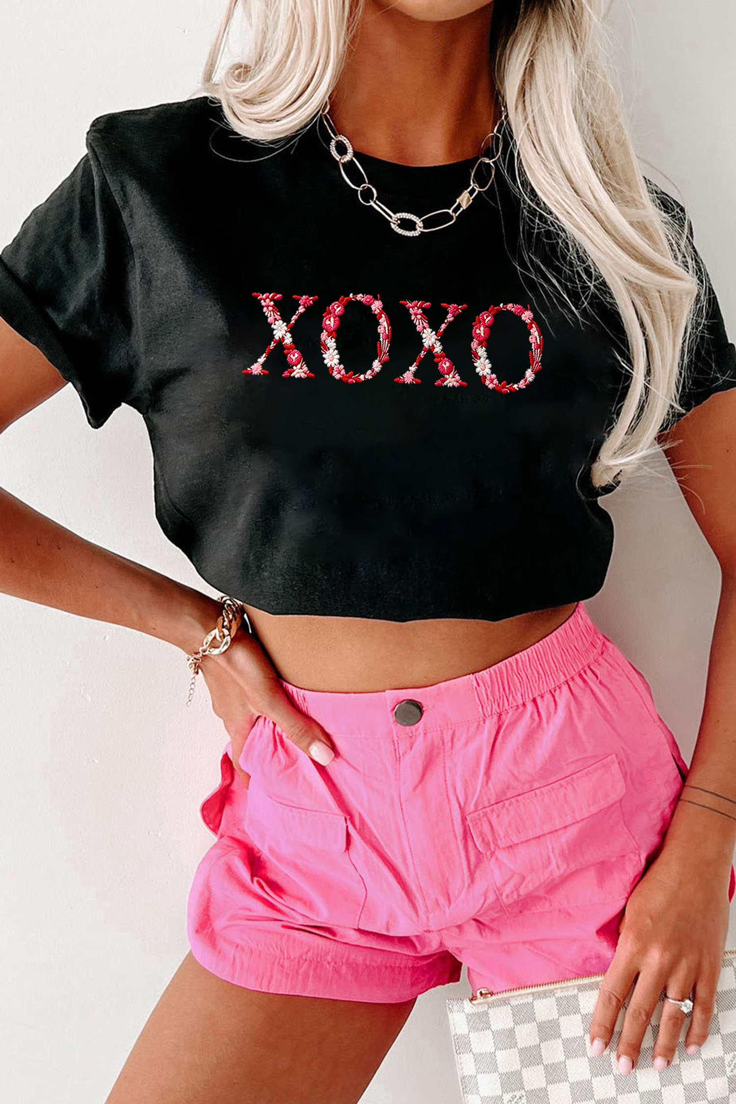 Black XOXO Floral Letter Embroidered Crew Neck T Shirt - loveforevers