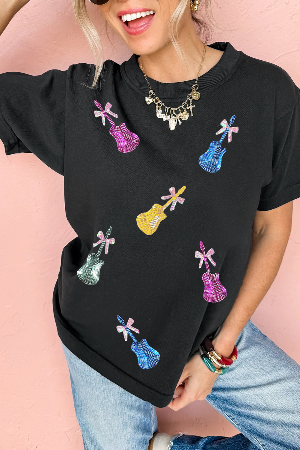 Black Sequined Bow Guitar Country Music Festival Casual Tee - loveforevers
