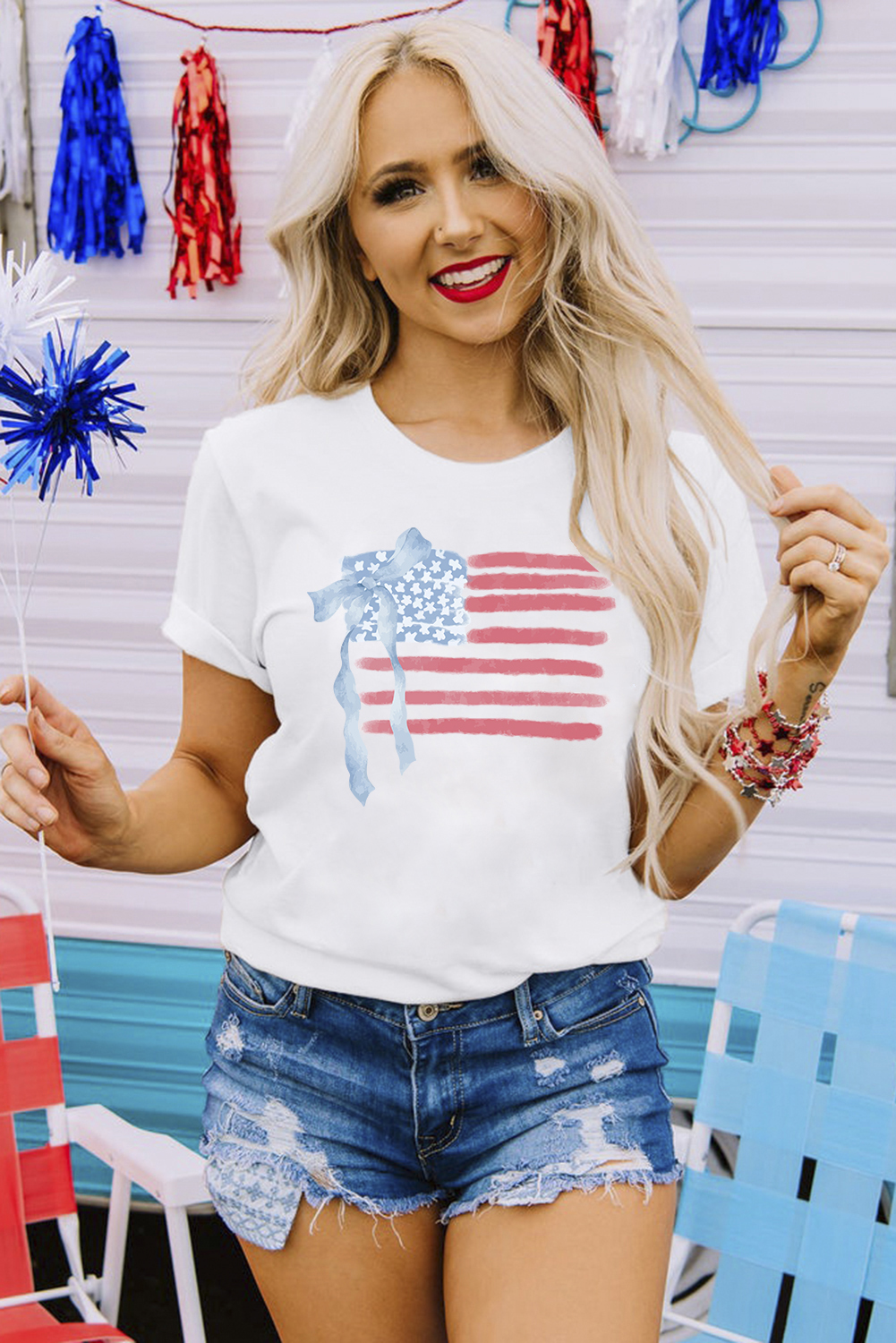 White American Flag Bow Knot Print Crew Neck T Shirt - loveforevers