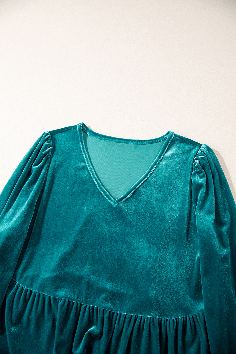Sea Green Velvet V Neck Peplum Hem Puff Sleeve Blouse - loveforevers