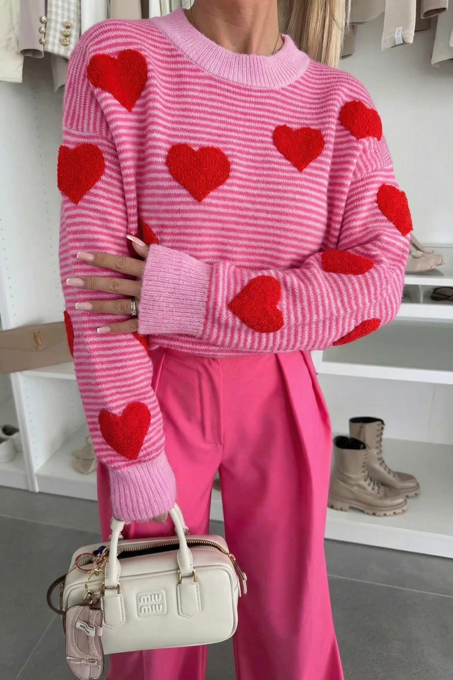 Gray Stripe Contrast Heart Pattern Valentine Knit Sweater - loveforevers