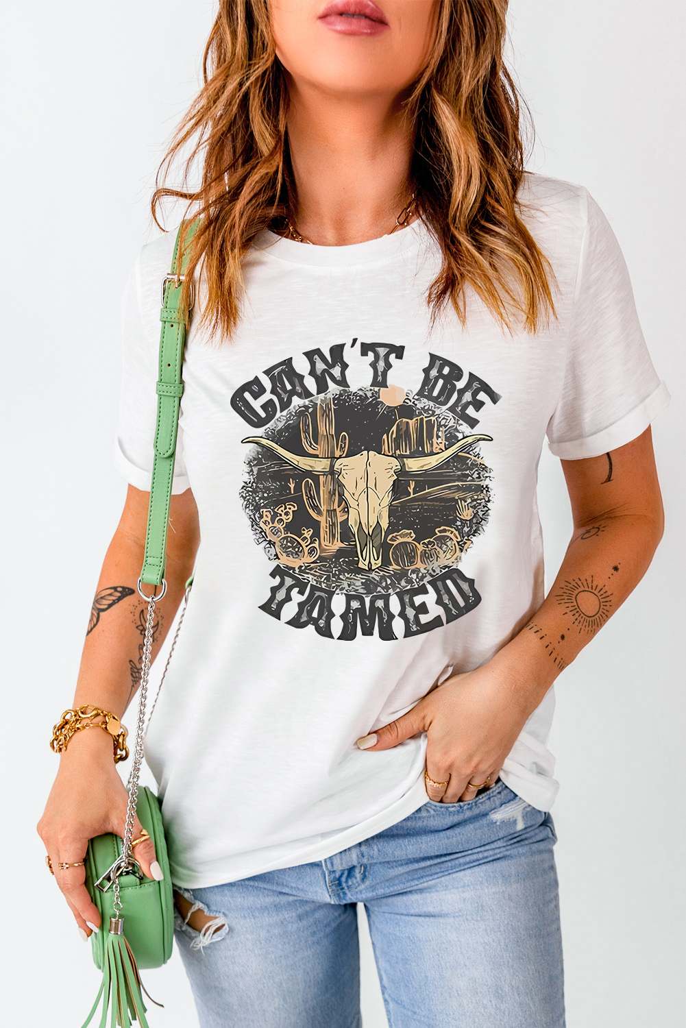 White Cant Be Tamed Western Steer Head Crew Neck T Shirt - loveforevers