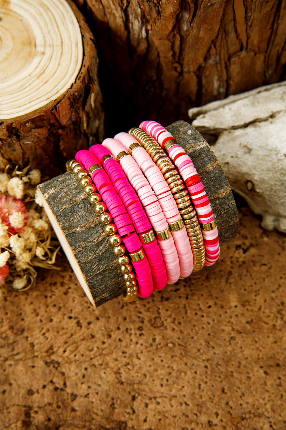 Bright Pink 7pcs Gold Plated Clay Beading Multi Layered Bracelet Set - loveforevers