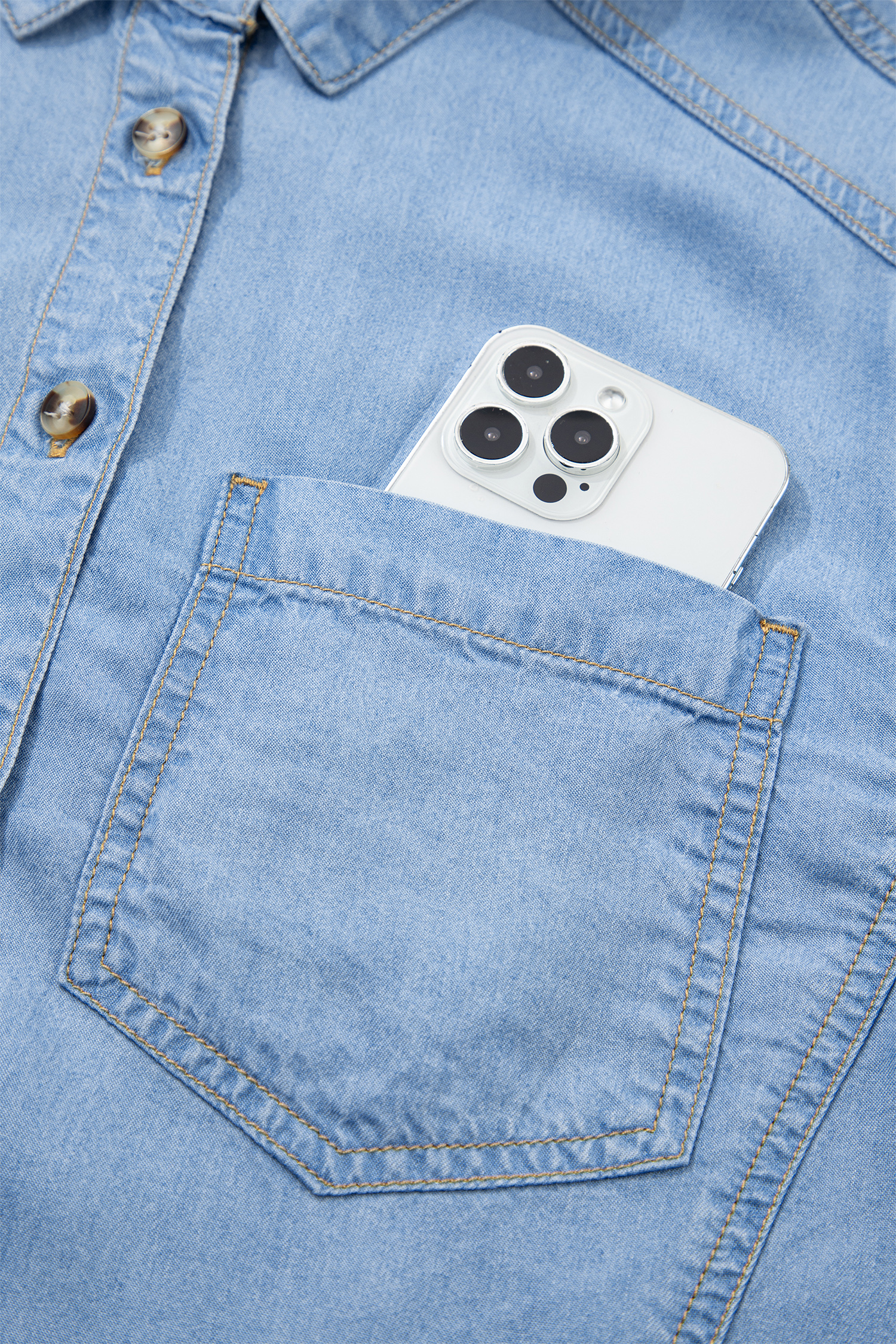Beau Blue Half Sleeve Button Down Ruffled High Low Chambray Shirt - loveforevers