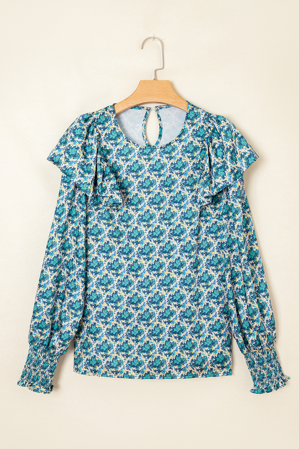 Green Abstract Print Shirred Cuff Puff Sleeve Blouse - loveforevers