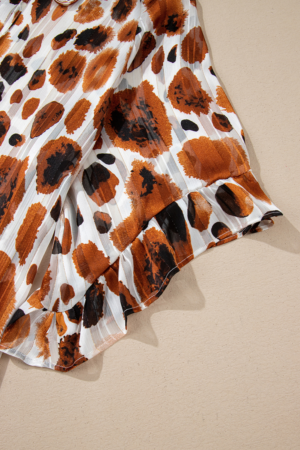 Brown Metallic Threading Accents Pleated Abstract Printed Ruffled 3/4 Sleeve Blouse - loveforevers