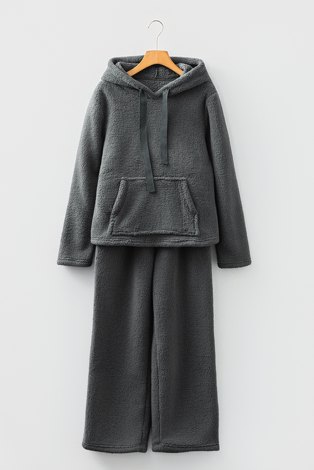 Medium Grey Fuzzy Drawstring Hoodie Lounge Pants 2pcs Set - loveforevers