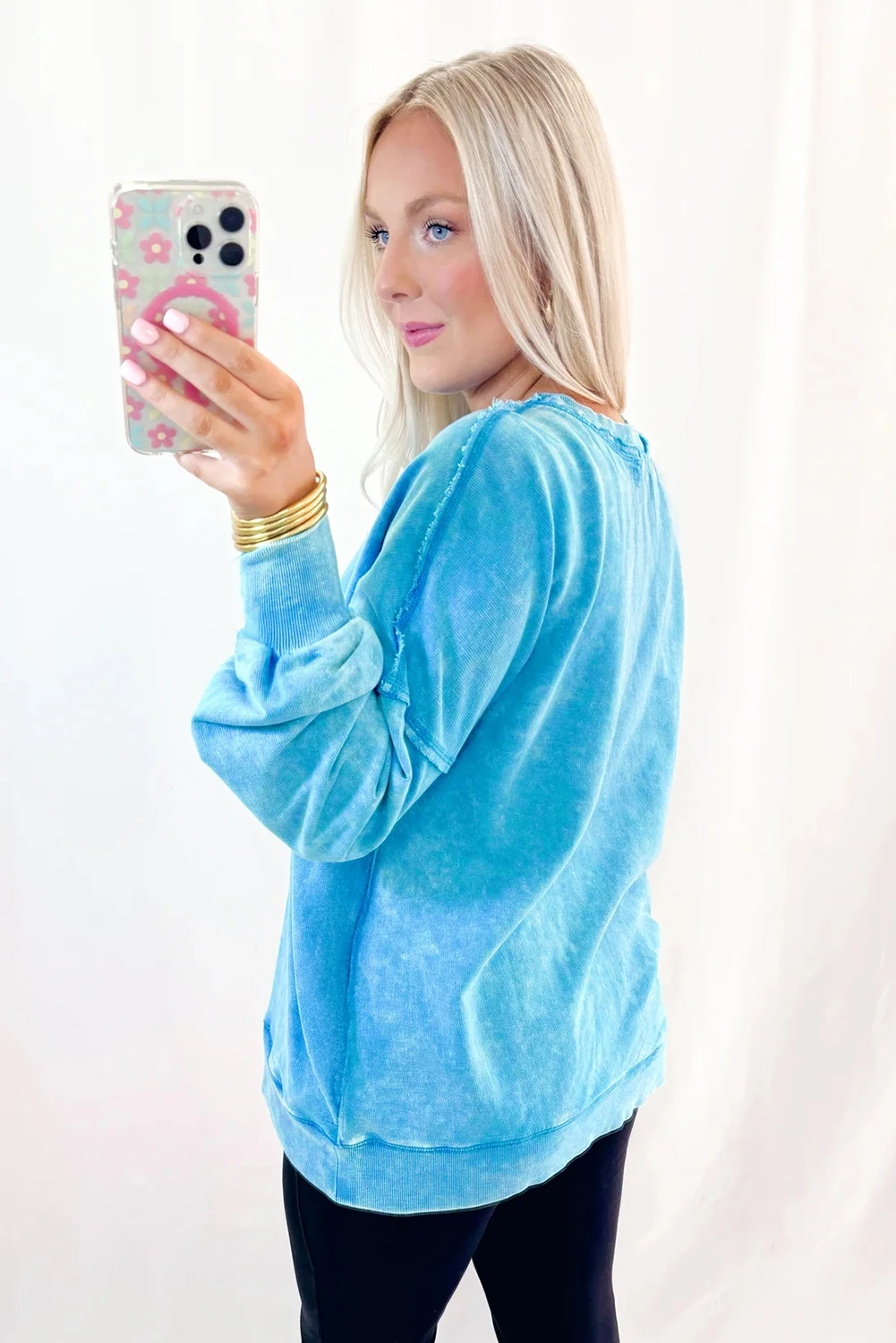 Blue Mineral Wash Raw Seam Double Patched Pocket Pullover Sweatshirt - loveforevers