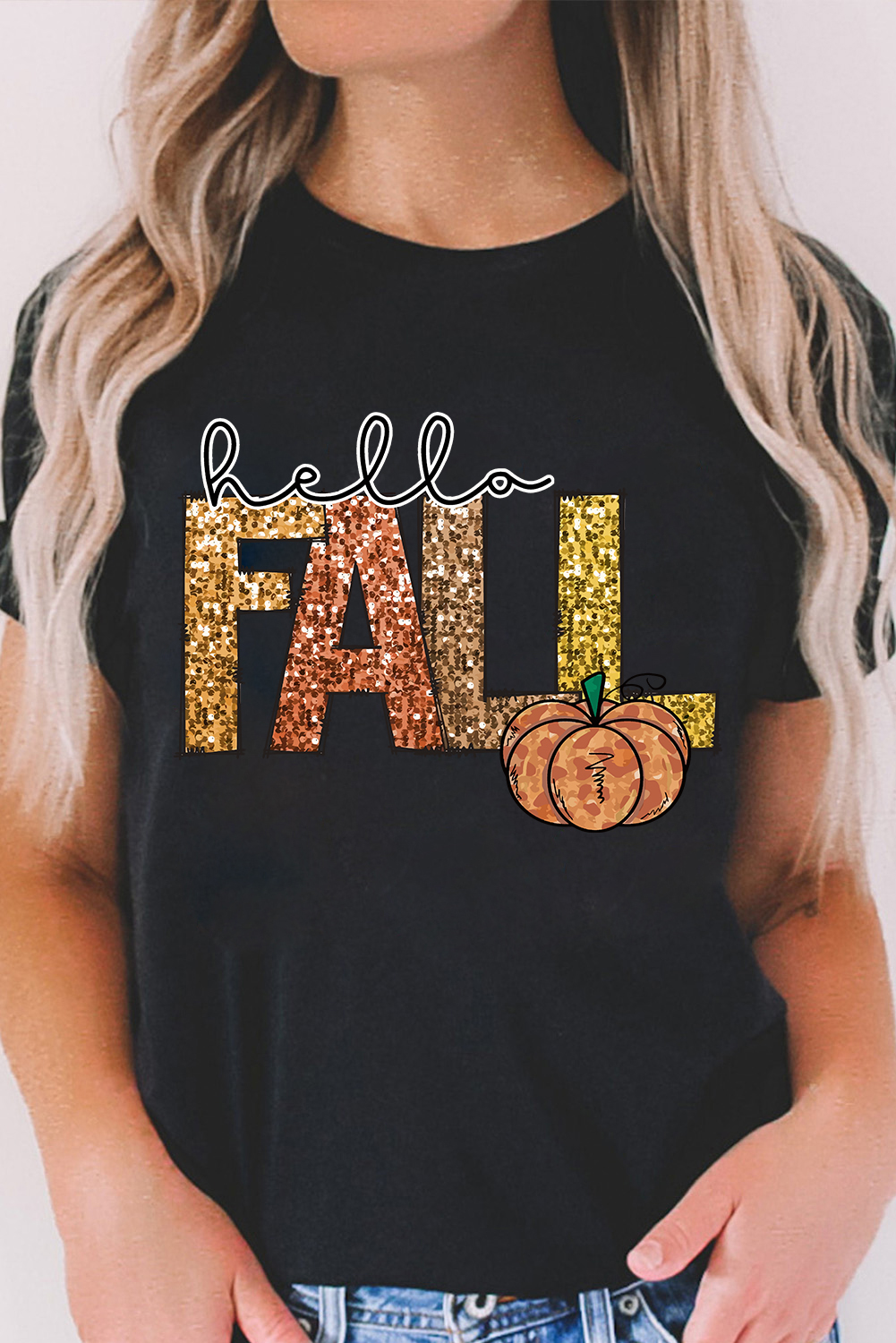 Black Hello Fall Letter Pumpkin Printed Thanksgiving T Shirt - loveforevers