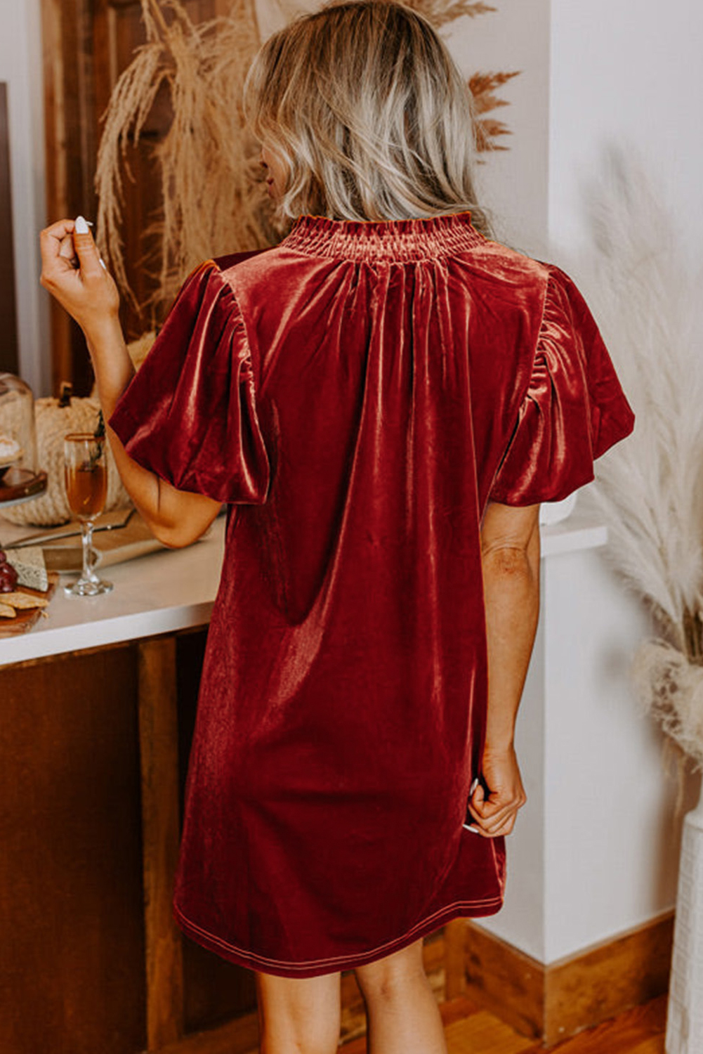 Cinnamon Velvet Smocked Neckline Puff Sleeve Shift Mini Dress - loveforevers