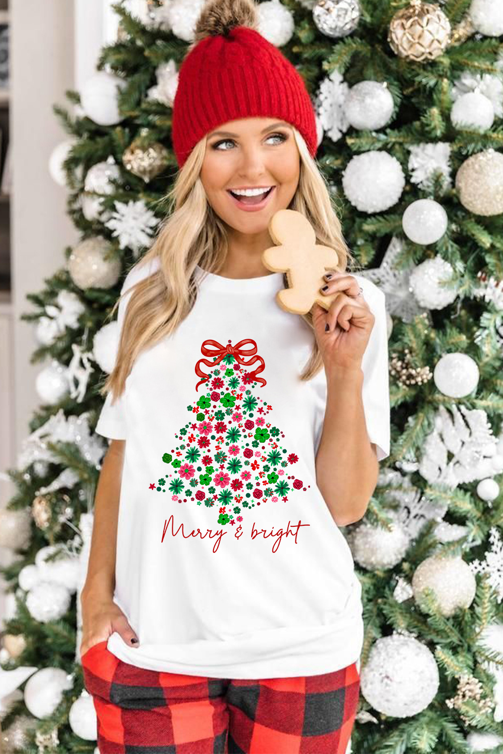 White Merry & Bright Floral Christmas Tree Graphic T Shirt - loveforevers