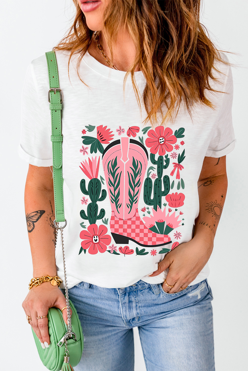 White Western Boots Flower Print Round Neck T Shirt - loveforevers
