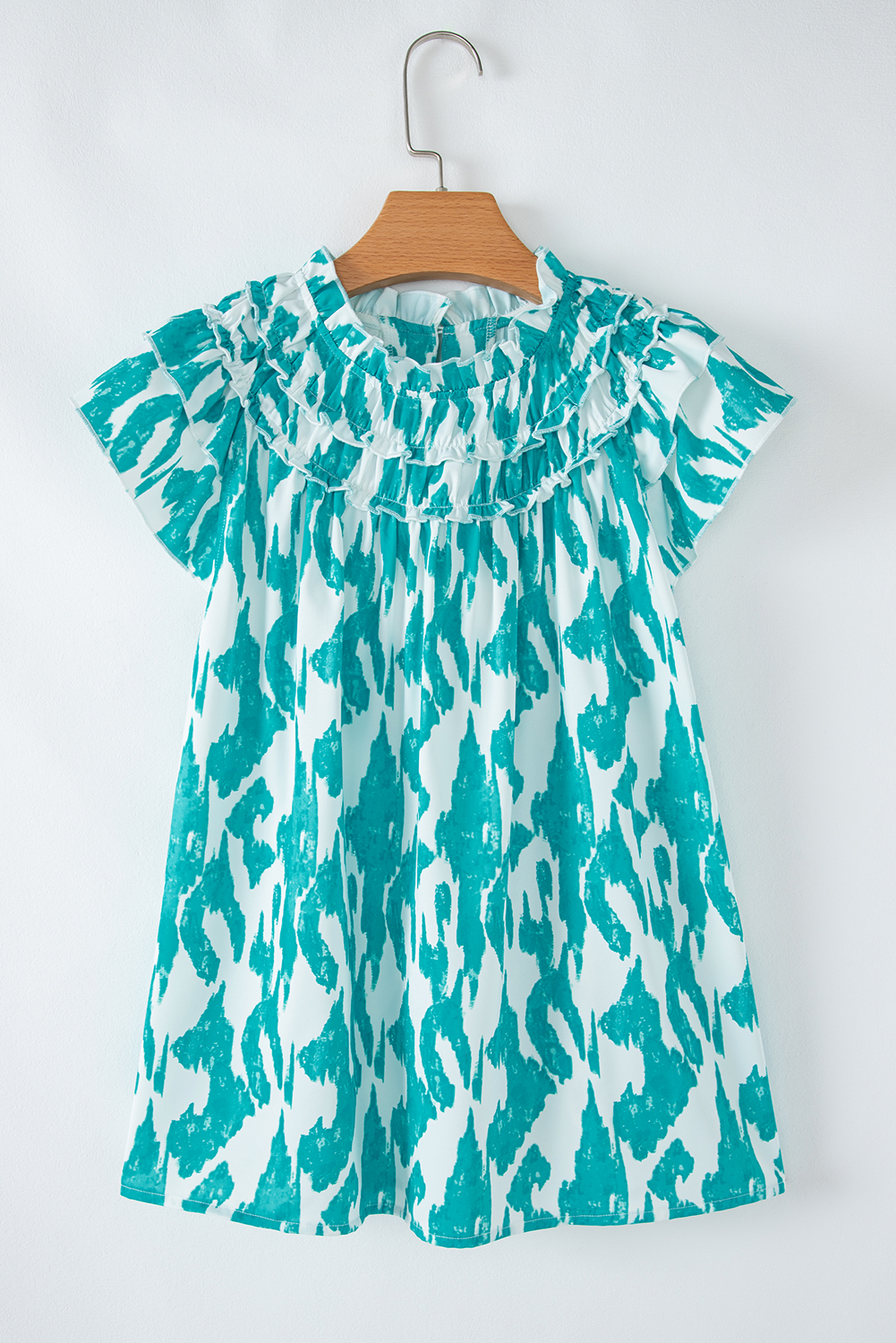 Sky Blue Abstract Print Frilled Crewneck Loose Fit Blouse - loveforevers