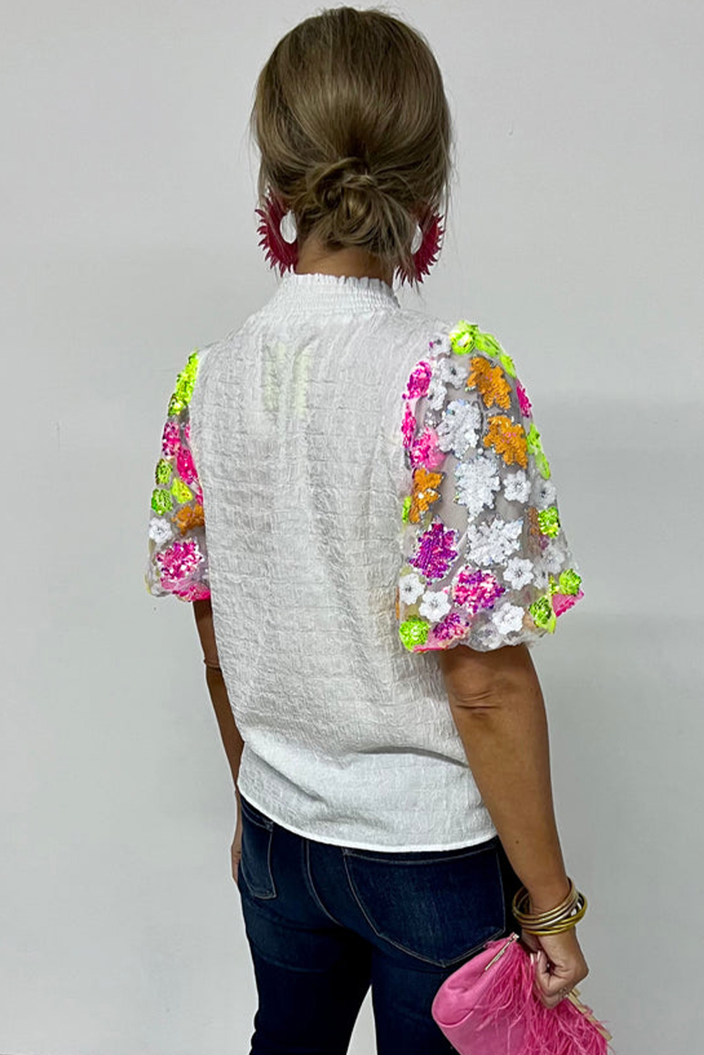 White Smocked Collar Sequin Flower Puff Sleeve Textured Top - loveforevers