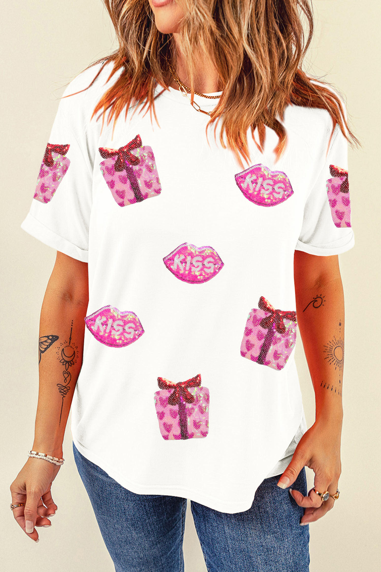White Valentines Gift Kiss Lip Sequin Graphic T Shirt - loveforevers