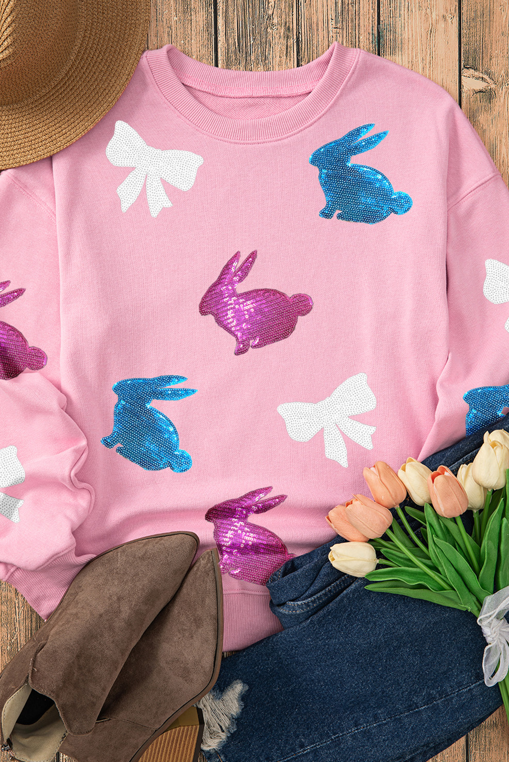 Pink Easter Bunny Bow Knot Sequined Crewneck Graphic Sweatshirt - loveforevers