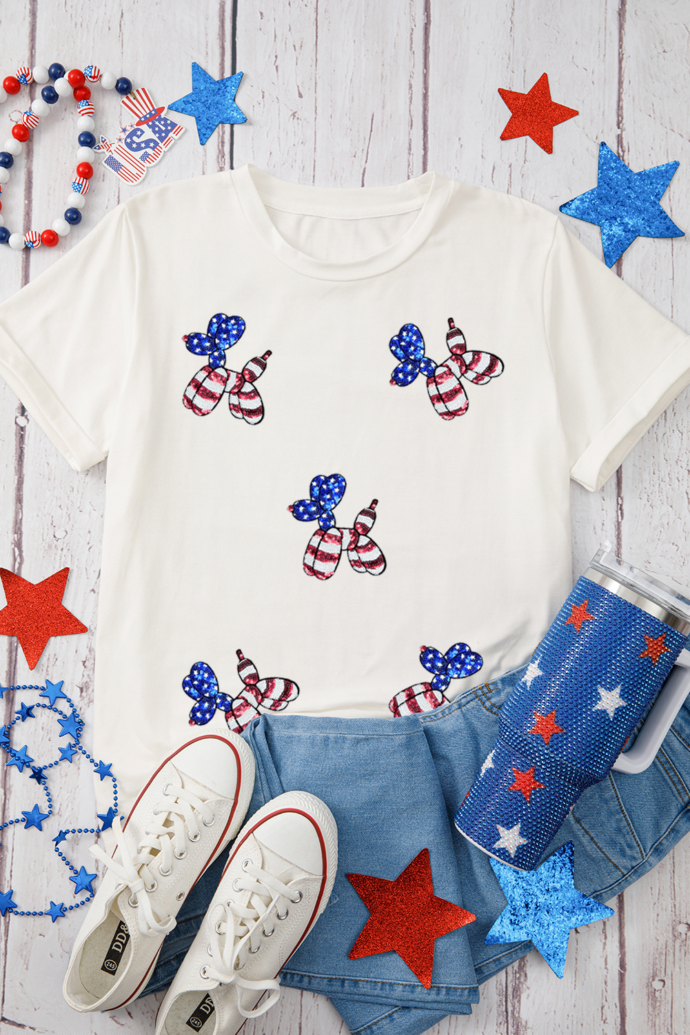 White Sequin Stars and Stripes Balloon Puppy Graphic Crewneck Tee - loveforevers