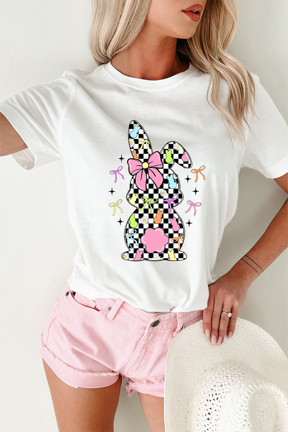 White Bowknot Checkerboard Bunny Graphic Easter T Shirt - loveforevers