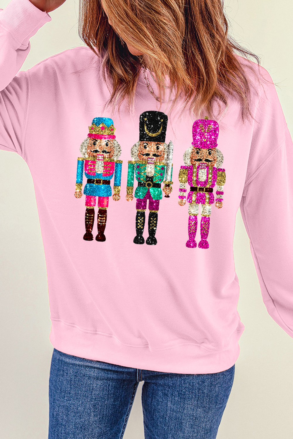 Pink Cute Nutcracker Printed Drop Shoulder Christmas Sweatshirt - loveforevers