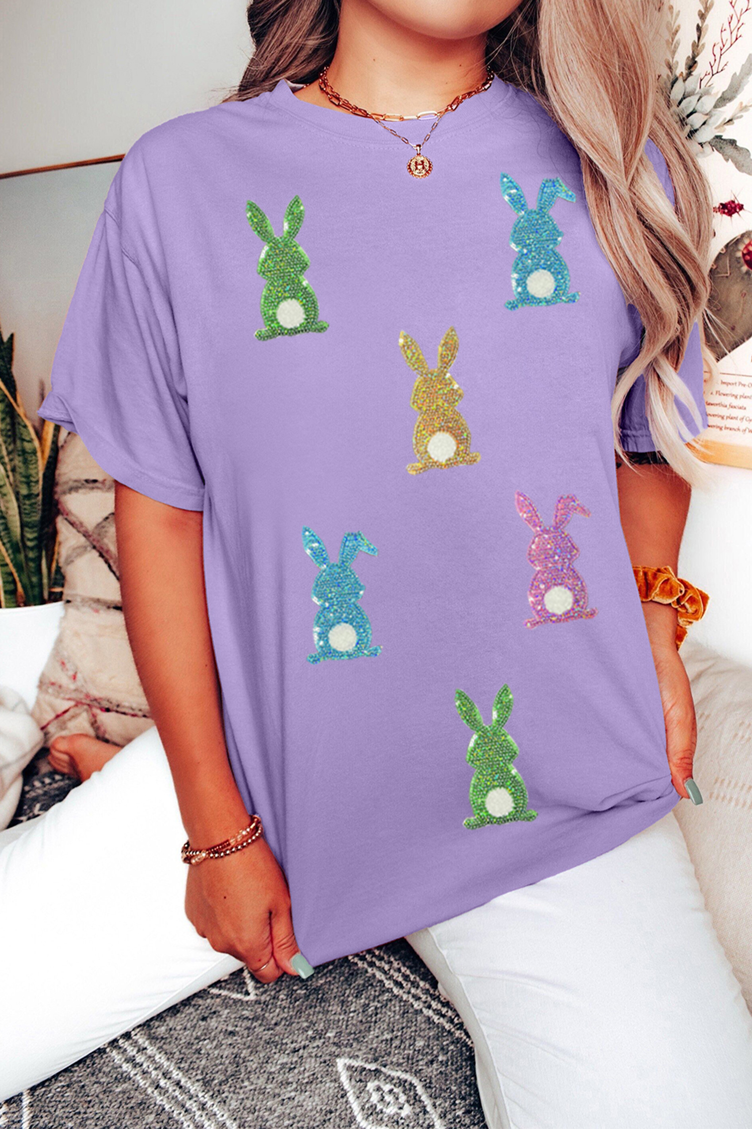 Wisteria Sequin Easter Bunny Patched Tee - loveforevers