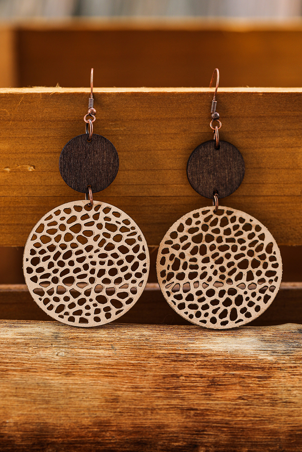 Khaki Hollow Out Wooden Round Drop Earrings - loveforevers