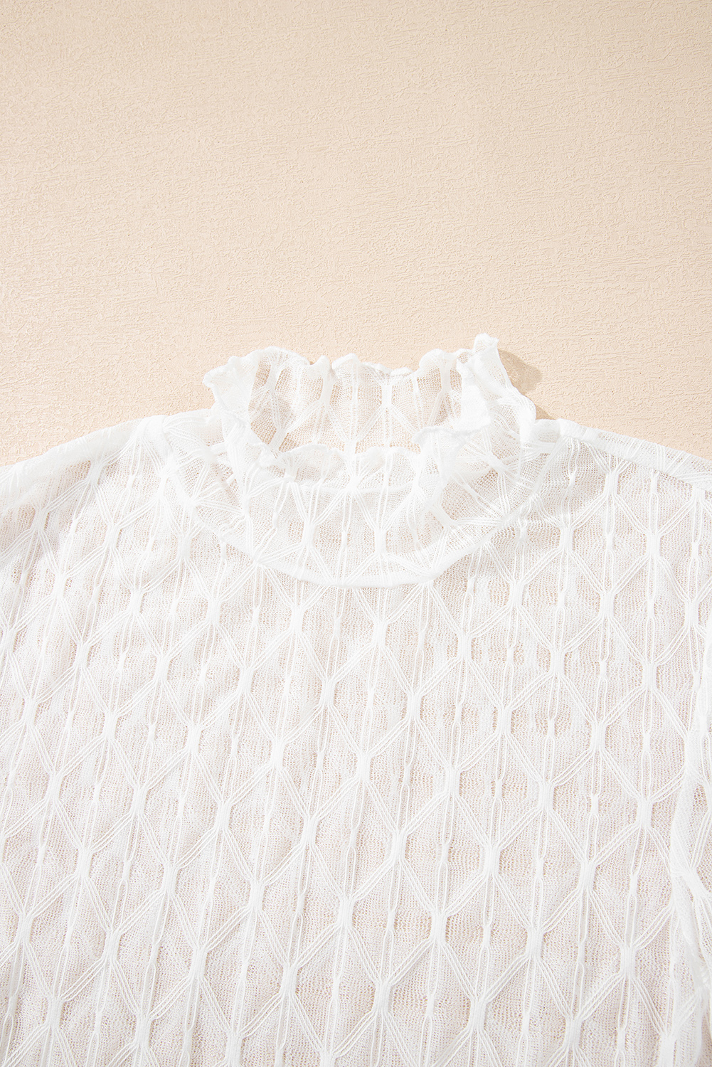 Coffee Sheer Mesh Patterned Lettuce Trim Slim Long Sleeve Top - loveforevers