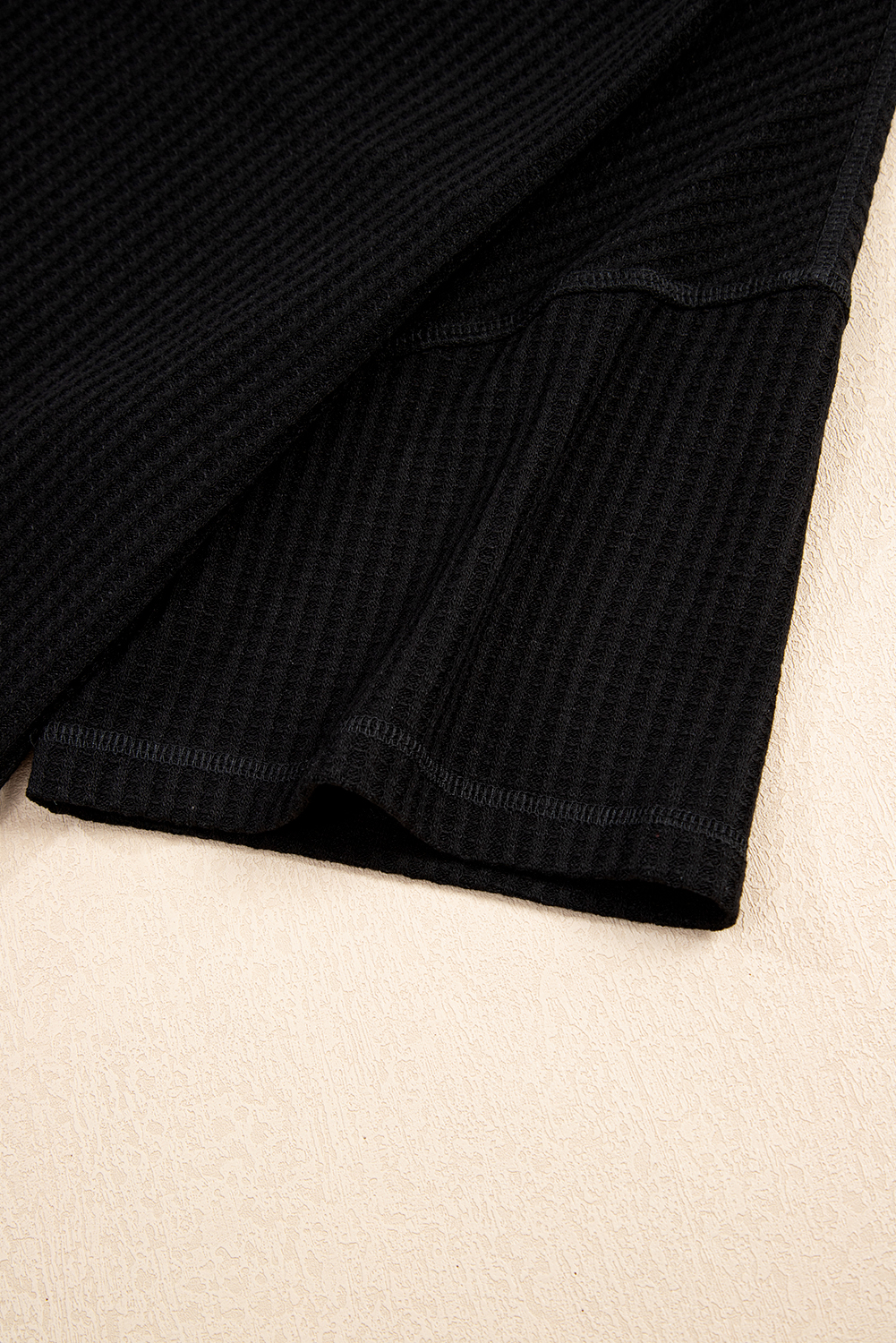 Black Waffle Texture Ribbed V Neck Drop Shoulder Loose Tee - loveforevers
