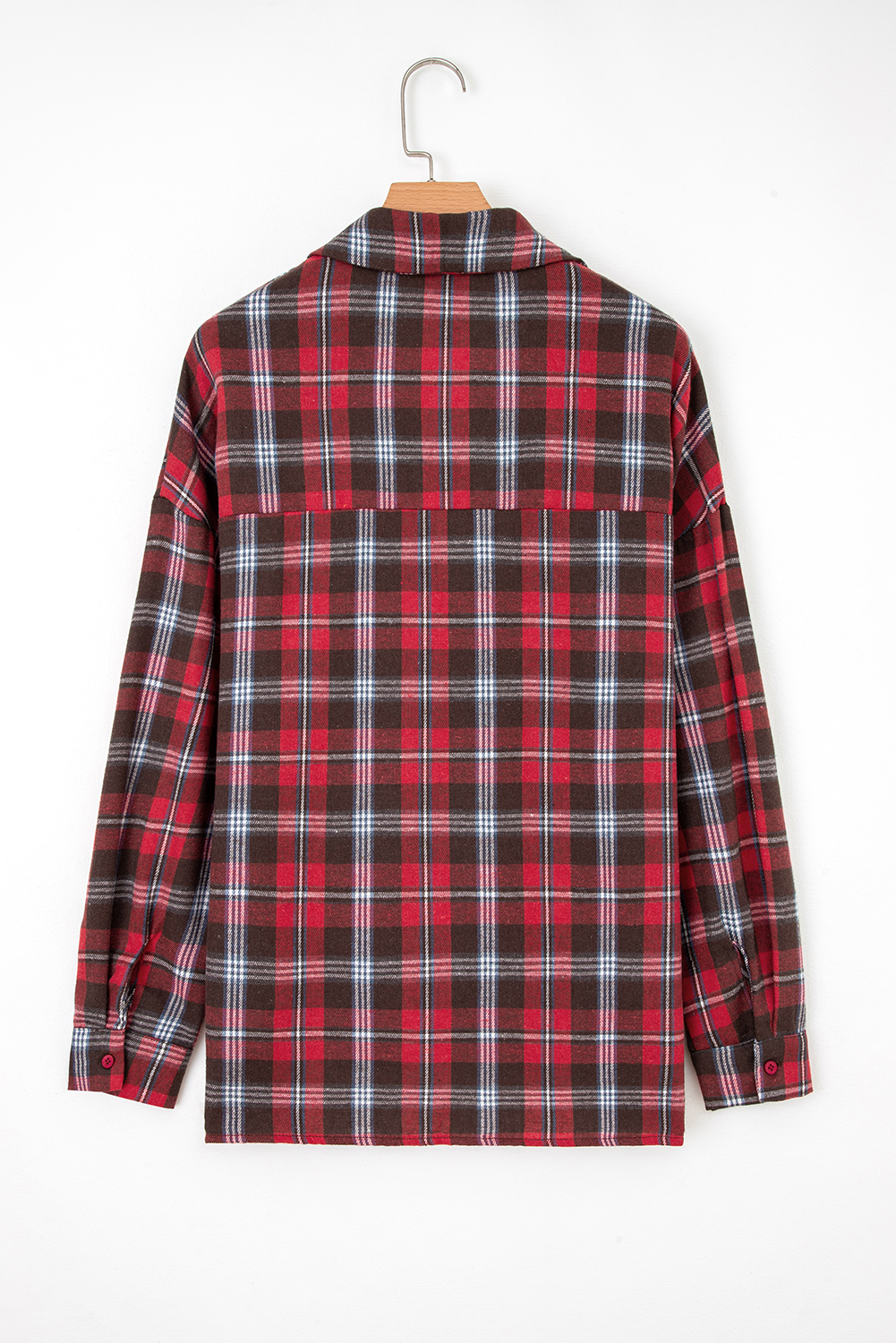 Red Plaid Print Collared V Neck Loose Blouse with Side Slits - loveforevers