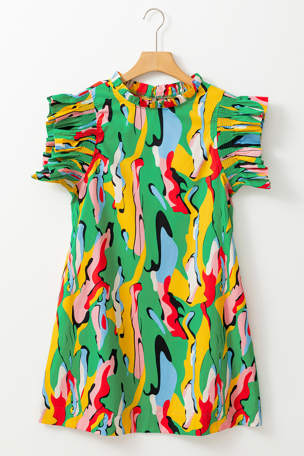 Green Abstract Print Frilled Neck Ruffled Sleeve Mini Dress - loveforevers