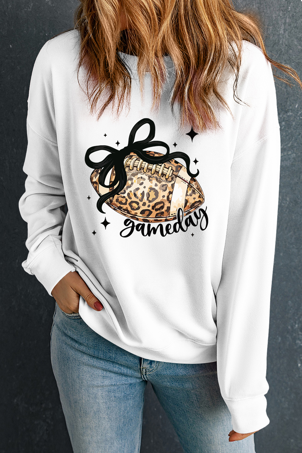 White Game Day Leopard Rugby Graphic Customized Crew Neck Sweatshirt - loveforevers