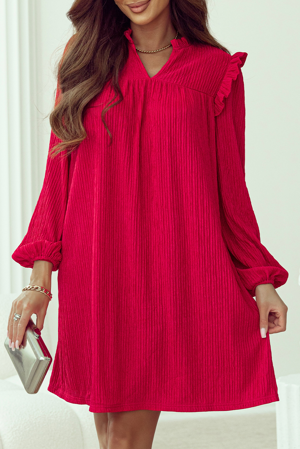 Fiery Red Textured Ruffled Trim V Neck Loose Fit Mini Dress - loveforevers