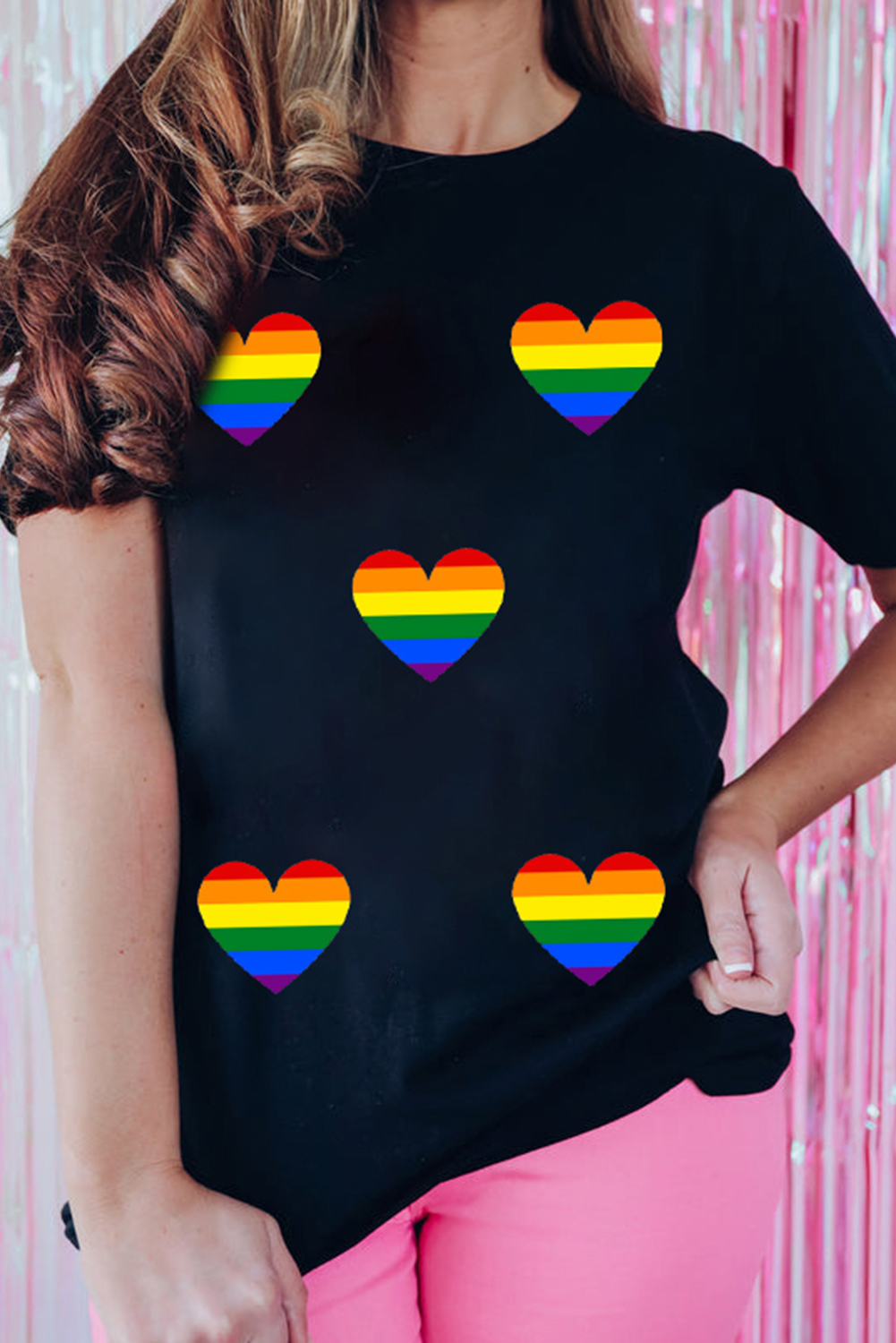 Black Heart Print Crew Neck Chic T Shirt - loveforevers