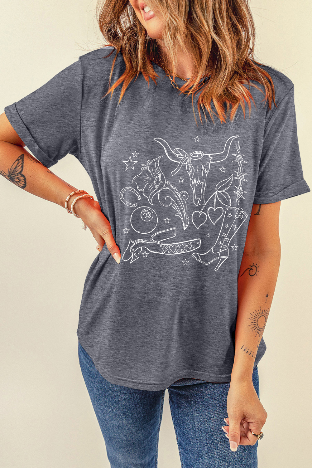 Gray Cowgirl Boots OX Head Western Fashion Print Crewneck Tee - loveforevers
