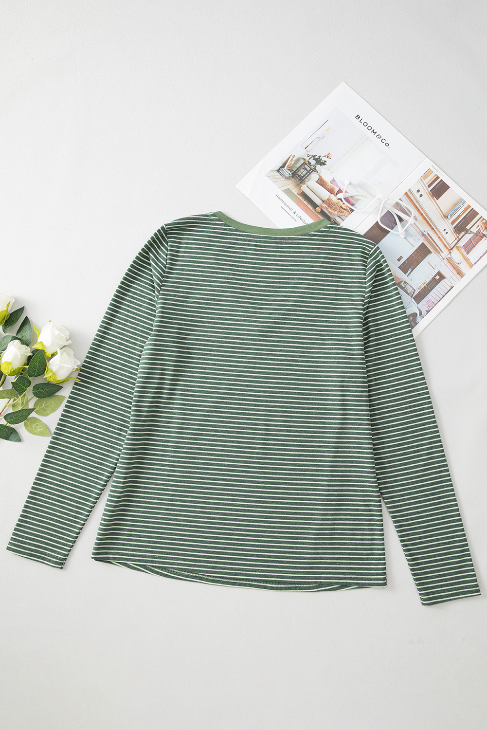Green Stripe V Neck Stretchy Long Sleeve Top - loveforevers