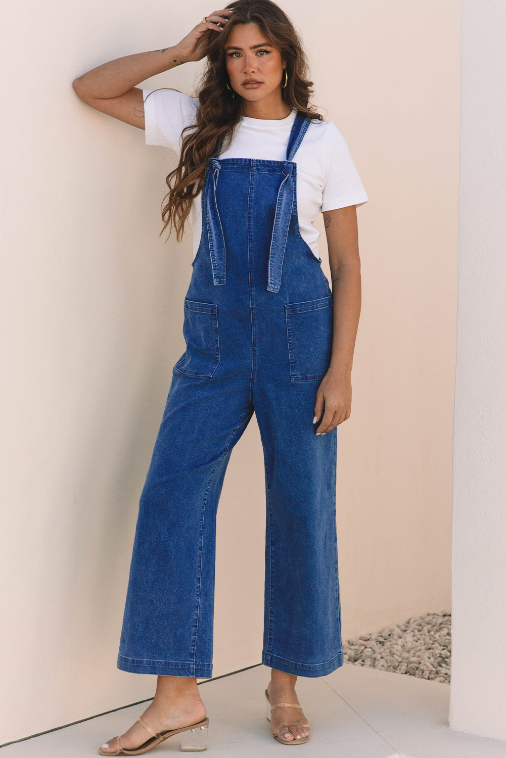 Prussian Blue Mineral Wash Knotted Strap Patched Pocket Wide Leg Denim Overall - loveforevers