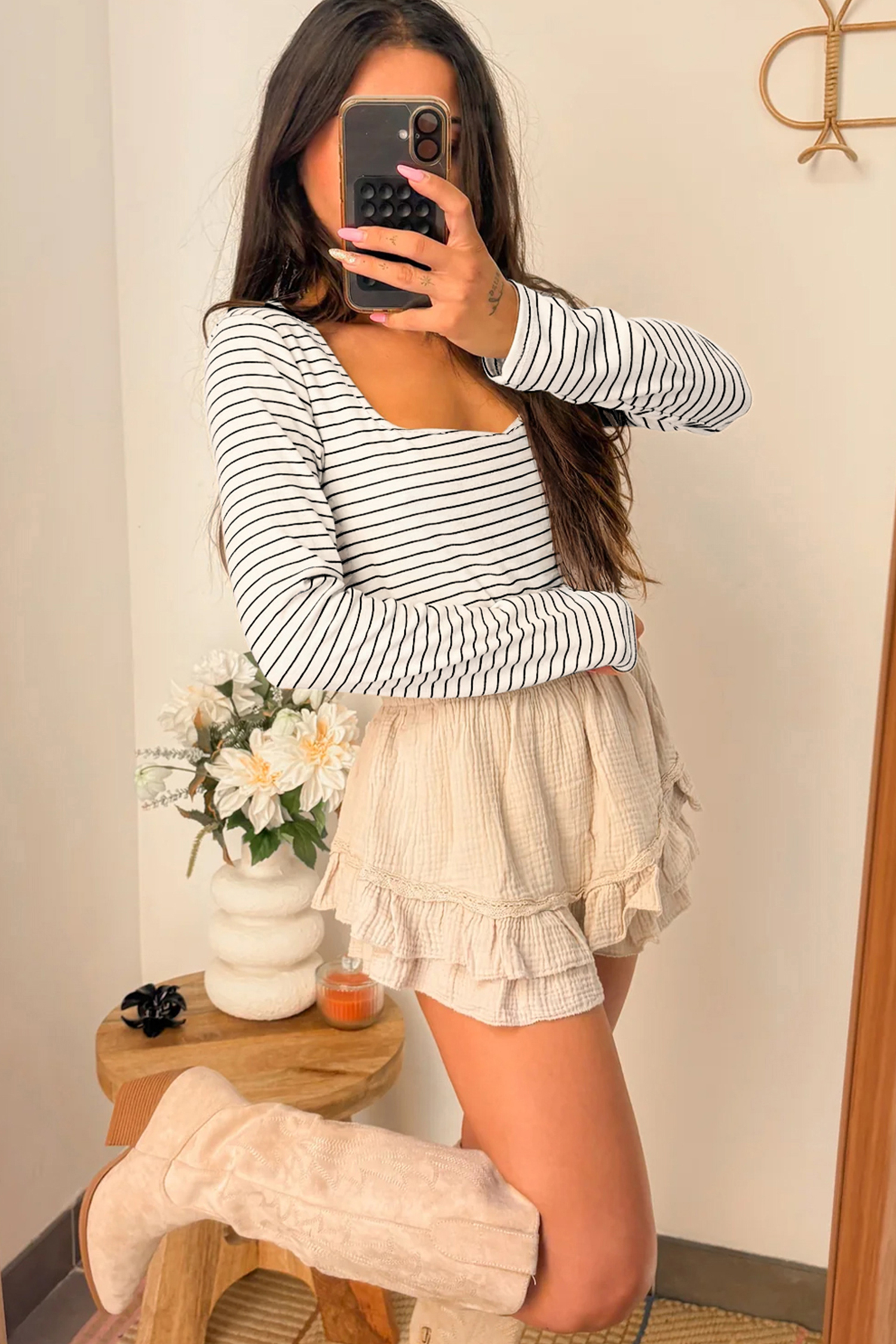 Brown Stripe Square Neck Long Sleeve Top - loveforevers
