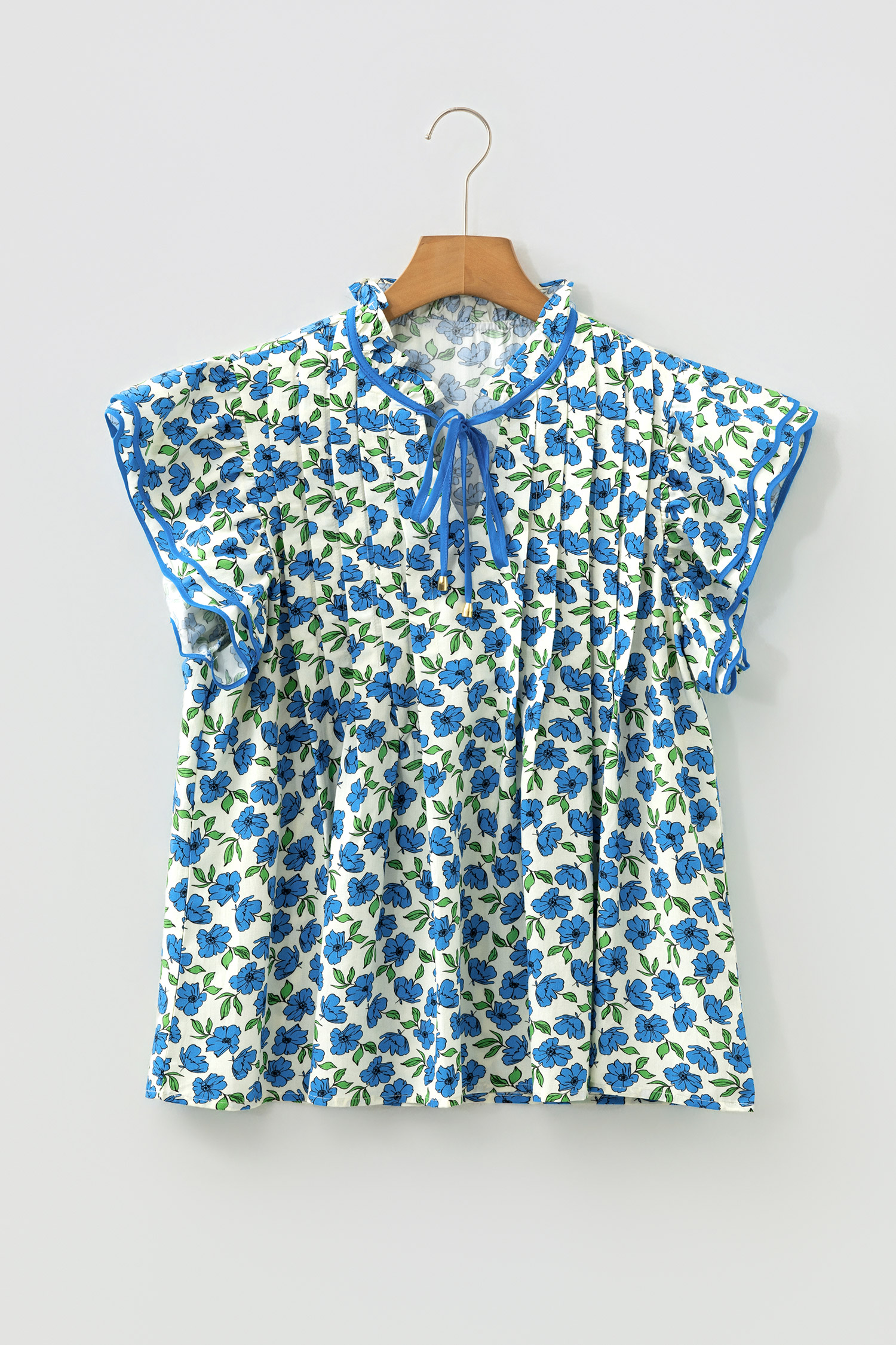 Sky Blue Tiered Flutter Sleeve Pleated Flower Blouse - loveforevers