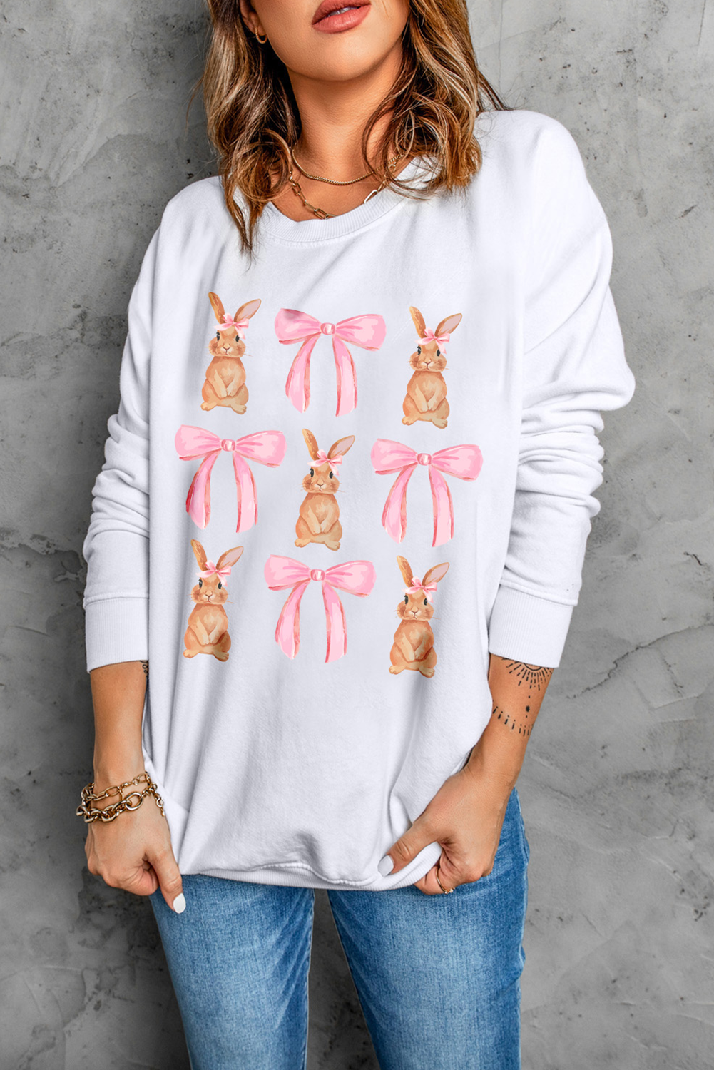 White Easter Bunny Bow Print Round Neck Pullover Sweatshirt - loveforevers